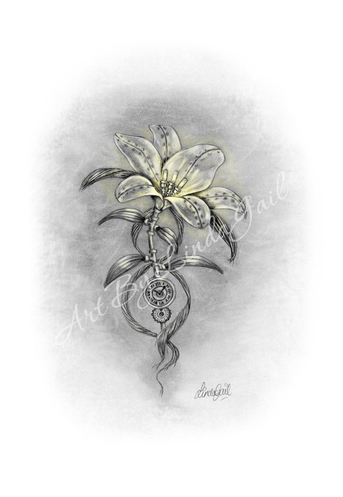 A detailed graphite drawing of a lily flower with yellow petals, a hanging pocket watch and chain, signed by the artist LindaGail.  Steampunk mechanical flower art.