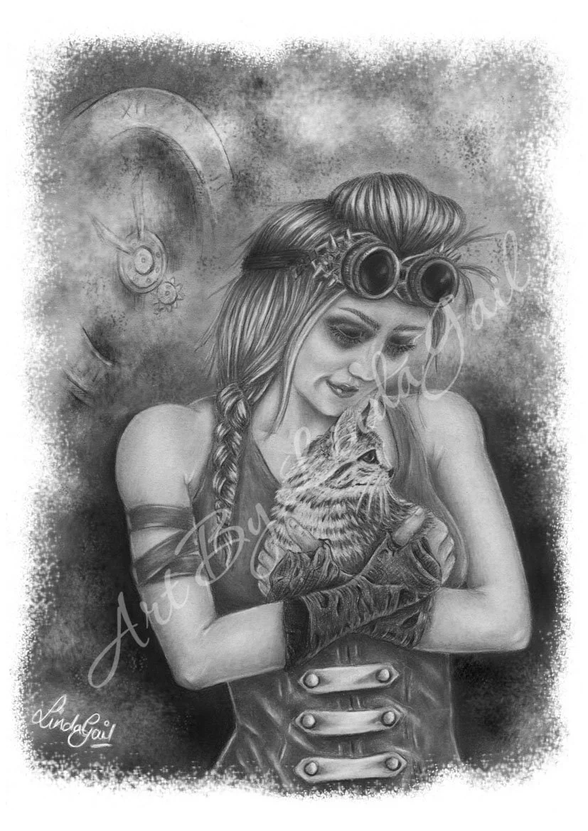 A woman with steampunk style goggles, braid, and arm warmers holding a small tabby cat, with a clock and gears in the background. Steampunk, post apocalyptic art