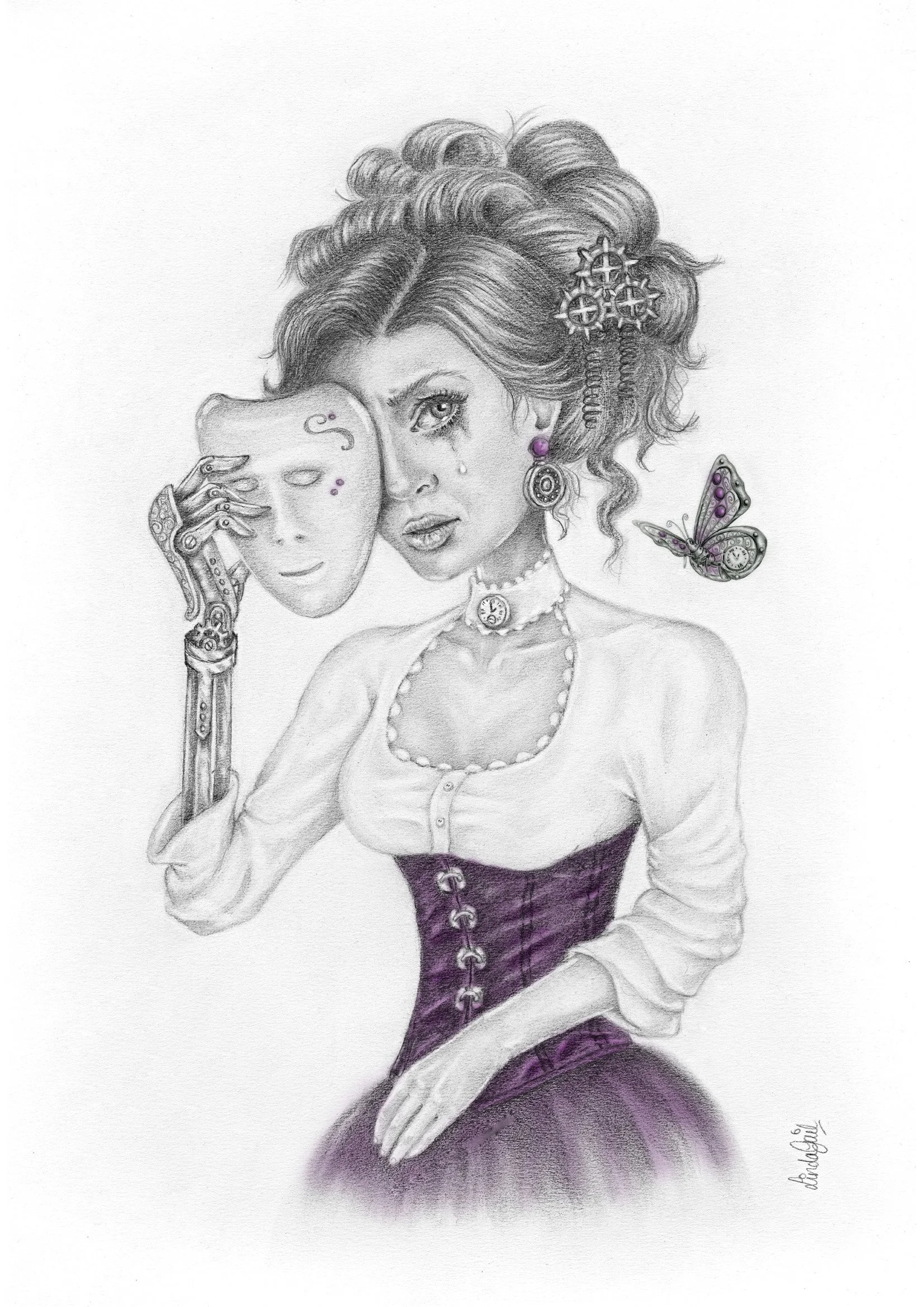 A graphite drawing of a Victorian woman holding a mask near her face, she is crying.  She has a steampunk mechanical arm, and there is a mechanical butterfly nearby.  She wears a purple corset. Behind the mask is the name of this artwork.