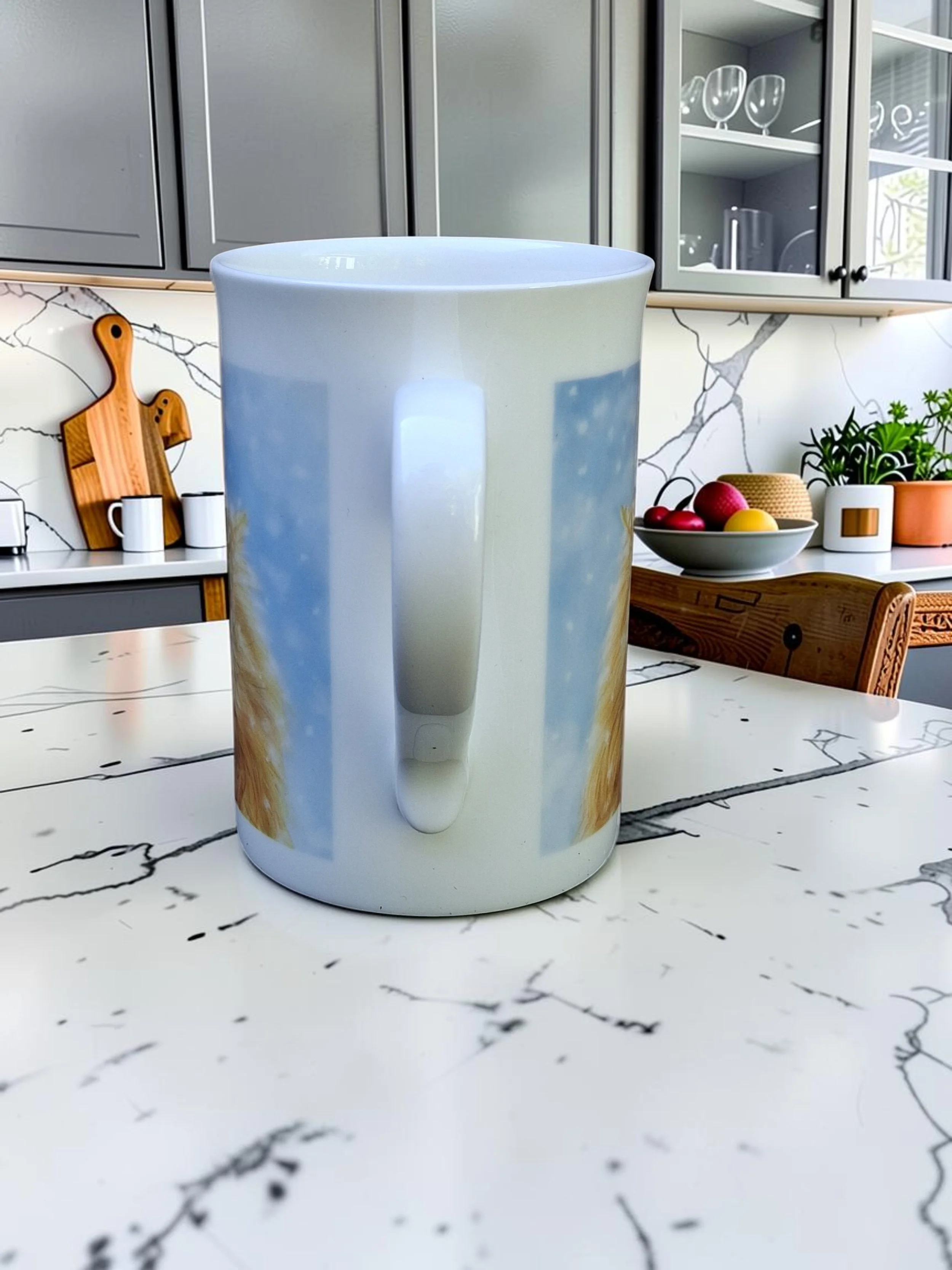 windsor china mug from handle view point, placed on white marble kitchen worktop