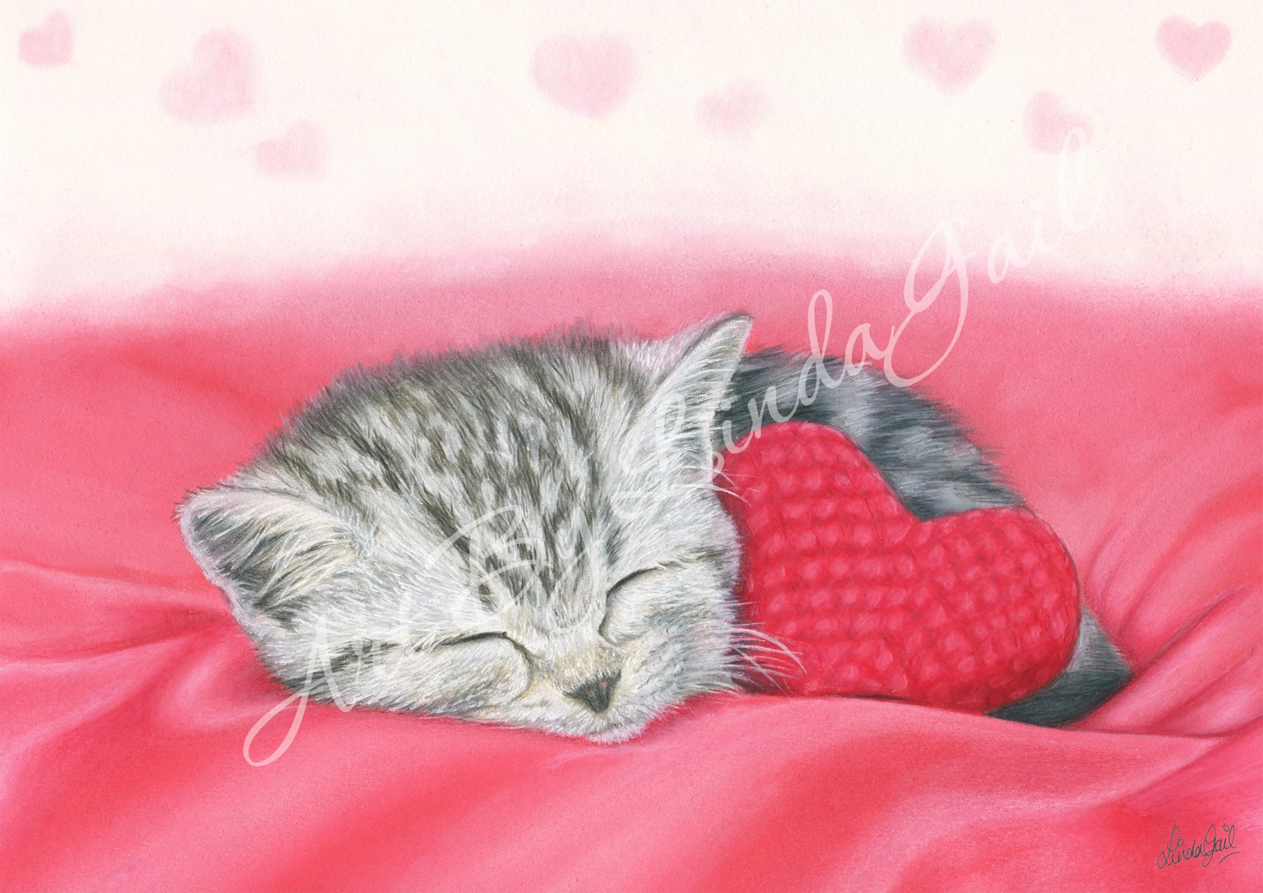 Coloured pencil drawing of a sleeping tabby kitten with closed eyes, grey and white fur, resting on pink fabric with pink hearts, and a light pink background.