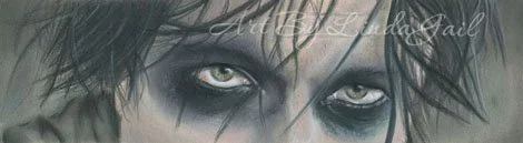 Fan art drawing of close-up of The Batman's eyes with dark, messy hair partially covering his face, his eye's have black smudged around them.