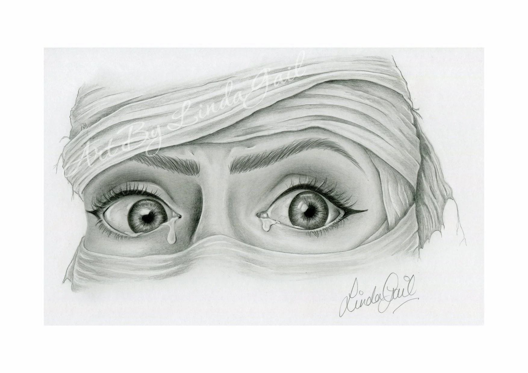A detailed pencil drawing of a close up of a Pharoah Queens eye's, her eye's are wide and have tear, this is a graphite drawing by Linda-Gail called 'Mummified'.