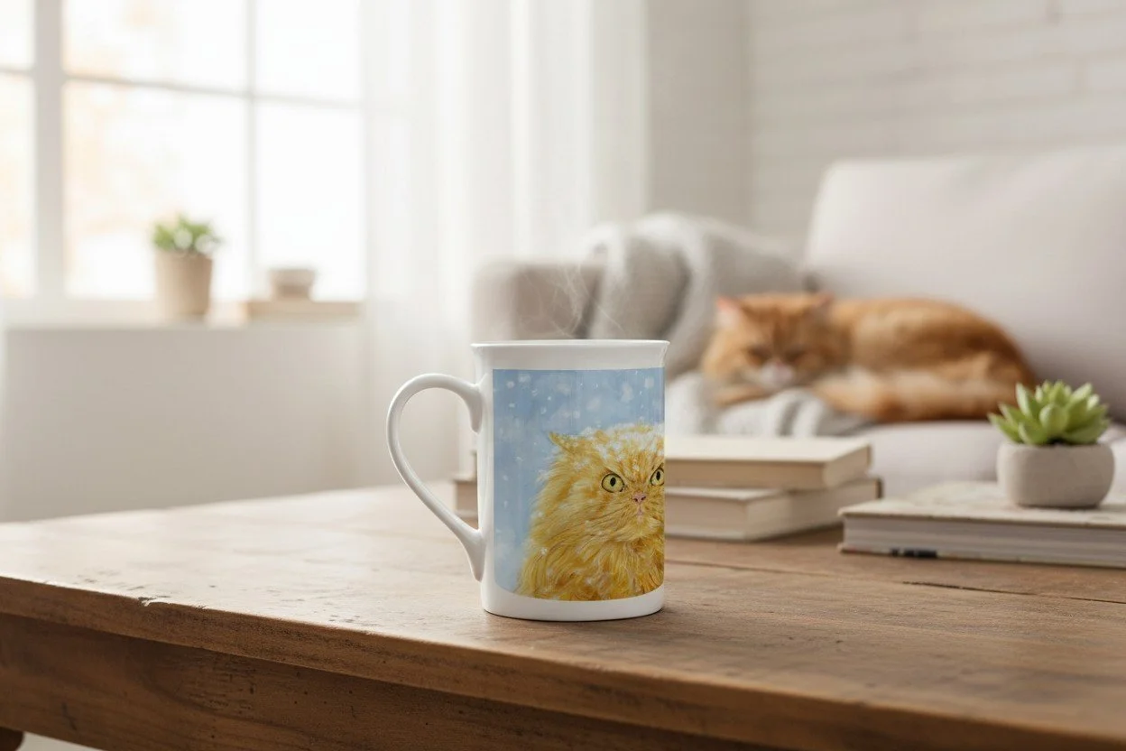 china mug with ginger cat artwork print, sat on coffee table in lounge with a ginger cat on the sofa