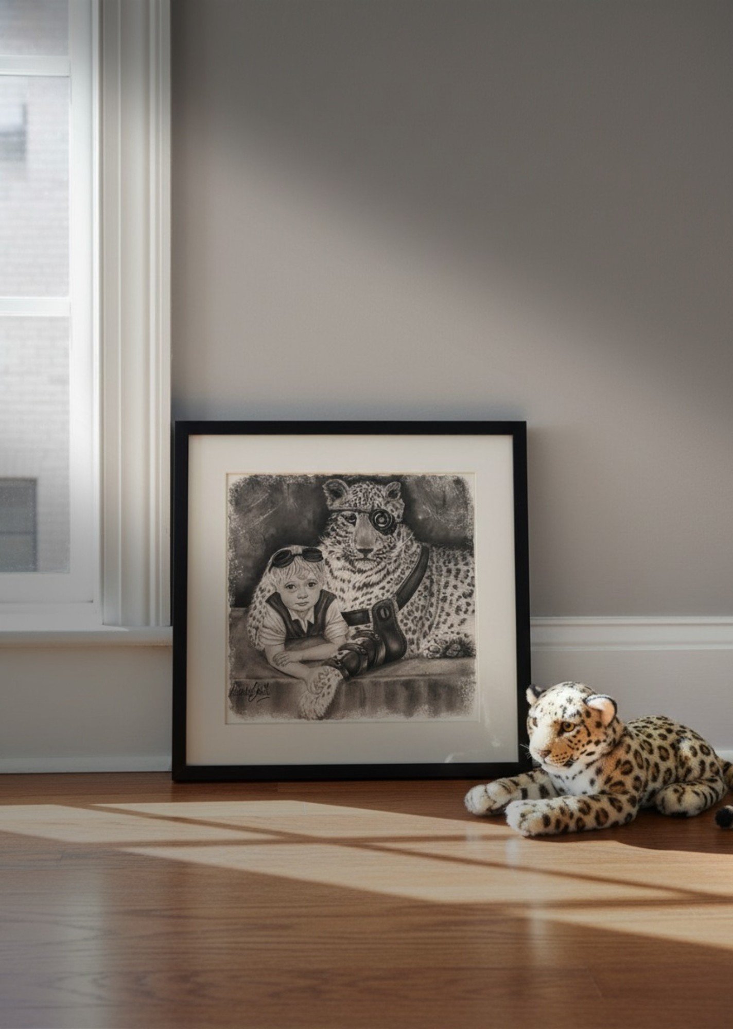 hand drawn fine art print of steampunk boy with his leopard protector, framed leaning against a sunlit wall with a toy leopard nearby