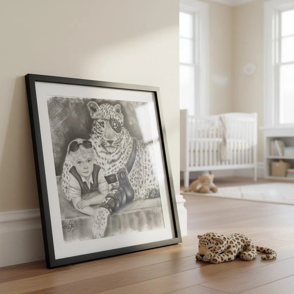 hand drawn fine art print of steampunk boy with his leopard protector, framed leaning against a wall of a child's nursery with a toy leopard nearby,