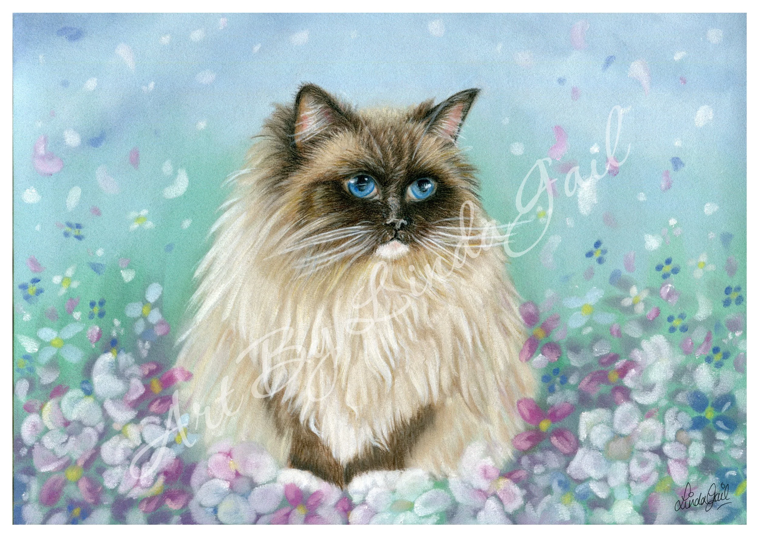 pencil and pastel artwork print of a fluffy ragdoll cat with blue eyes, sitting amongst pastel flowers