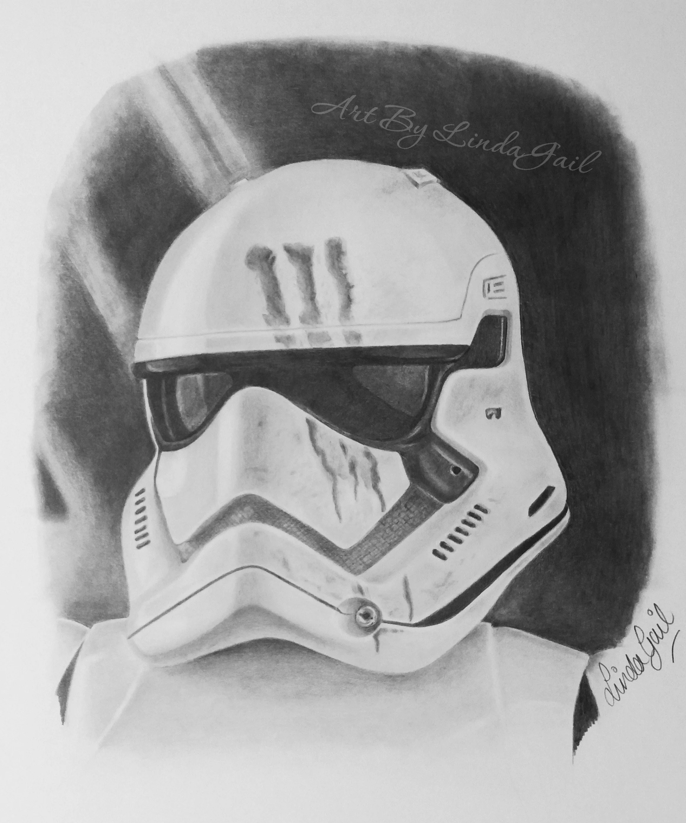 A black and white pencil fan art drawing inspired by the star wars trilogy, stormtrooper character with blood smeared on his helmet.