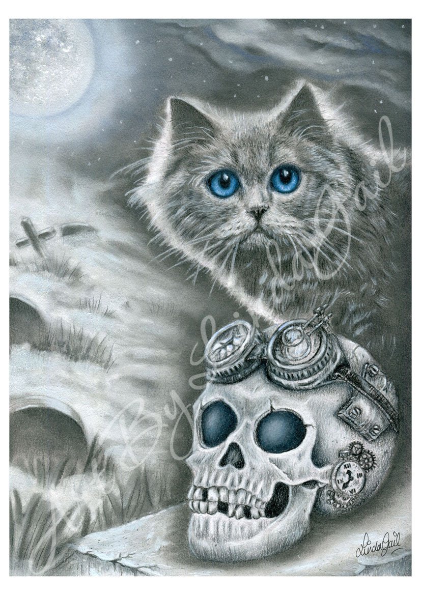 Gray cat with striking blue eyes sitting next to a human skull with steampunk goggles and clock gears, set against a moonlit night background with clouds and a graveyard.