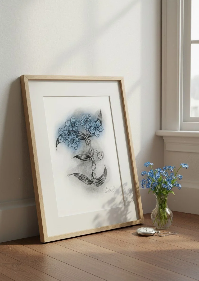 Framed black and white botanical drawing leaning against a wall, next to a small vase of blue flowers and a pocket watch on a chain on a wooden floor by a window.  Artwork created with graphite pencils, the colour blue was added to the forget me nots