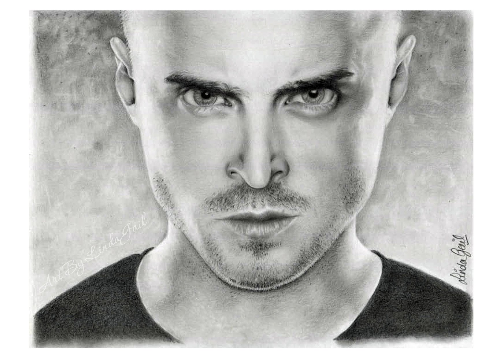 A highly detailed graphite portrait of a young man with short hair, intense eyes, and slight facial hair, looking directly at the camera.  Fan art inspired by Breaking Bad.