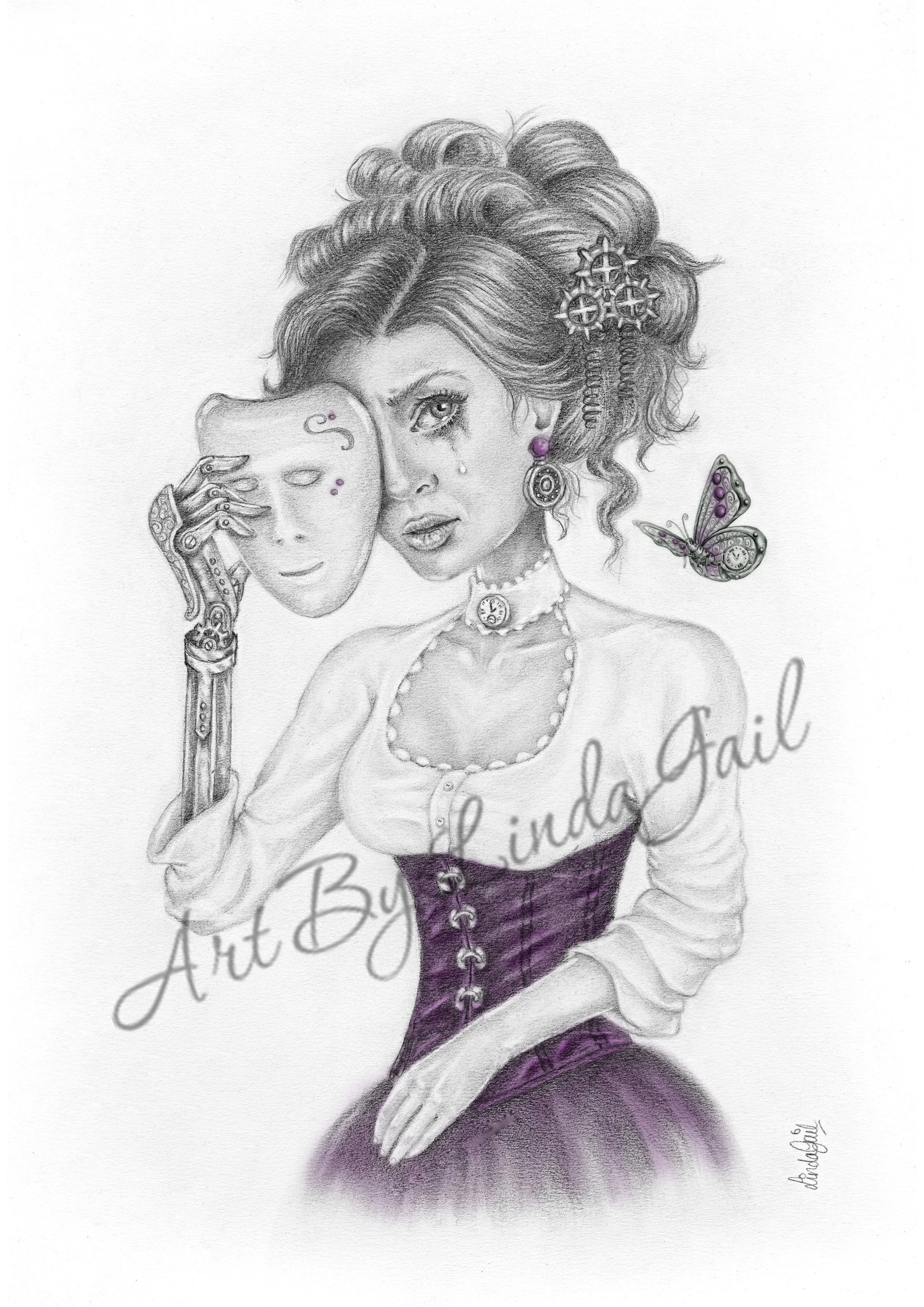 A graphite drawing of a Victorian woman holding a mask near her face, she is crying.  She has a steampunk mechanical arm, and there is a mechanical butterfly nearby.  She wears a purple corset. Behind the mask is the name of this artwork.
