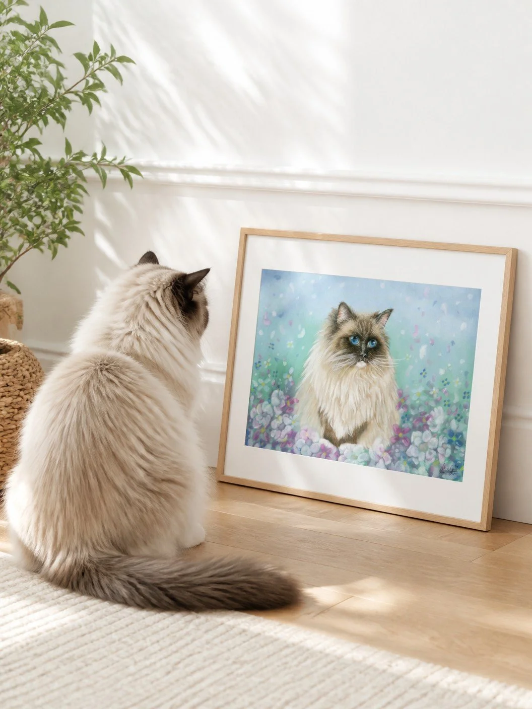 a light and airy interior, a fluffy cat is looking at a framed picture sat on the floor resting against the wall, the framed picture is a fluffy ragdoll cat sitting amongst pastel flowers