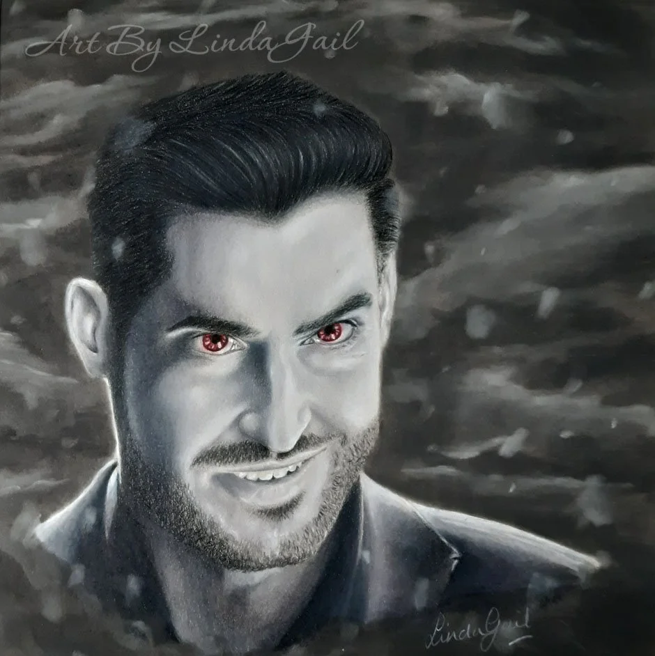 Fan art drawing of Lucifer from the Netflix series, created with coloured pencils, all in shades of grey with a subtle blue tint, Lucifer's eyes are red.
