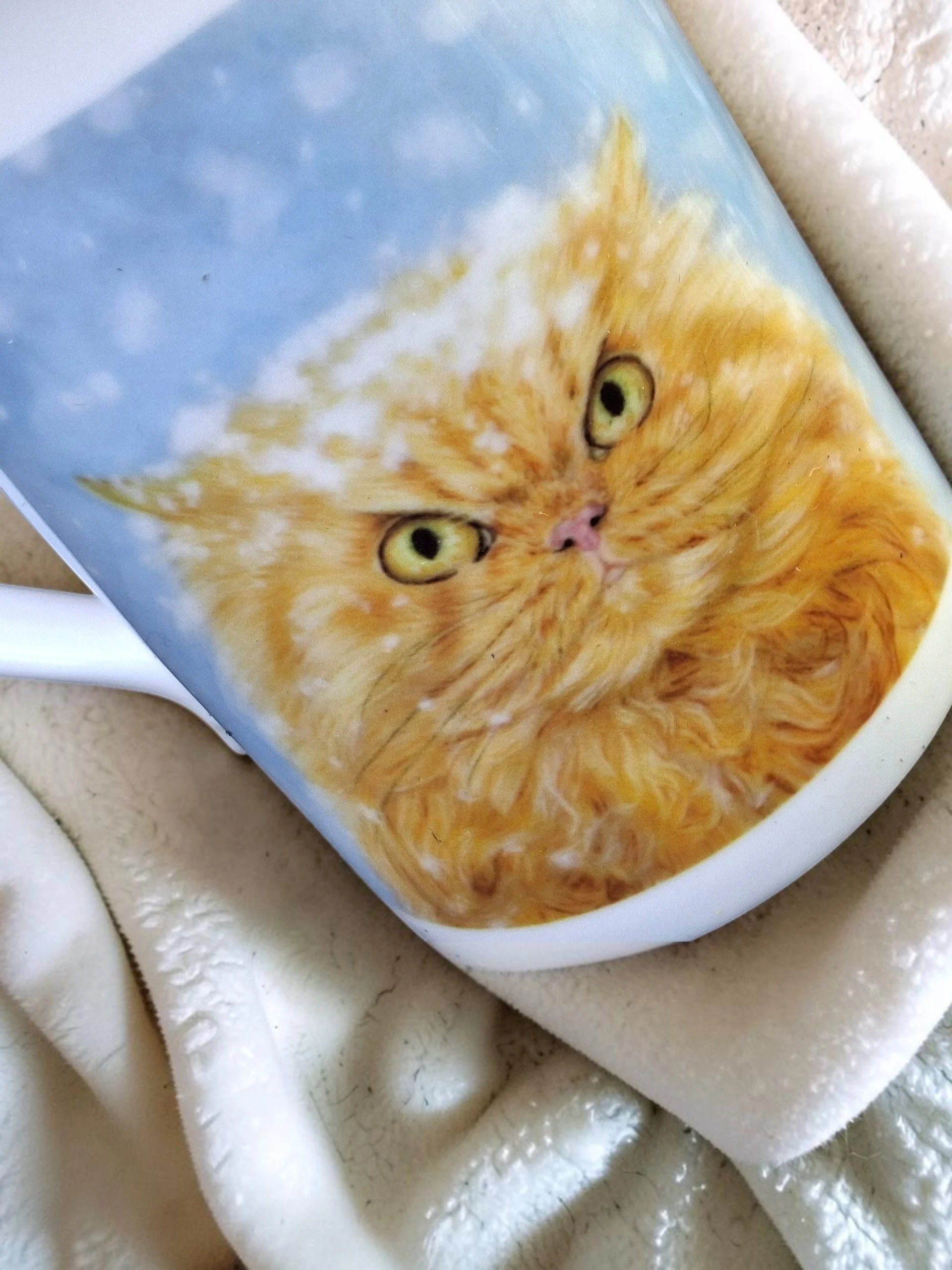 close up of hand drawn artwork of a grumpy ginger cat printed onto a china mug