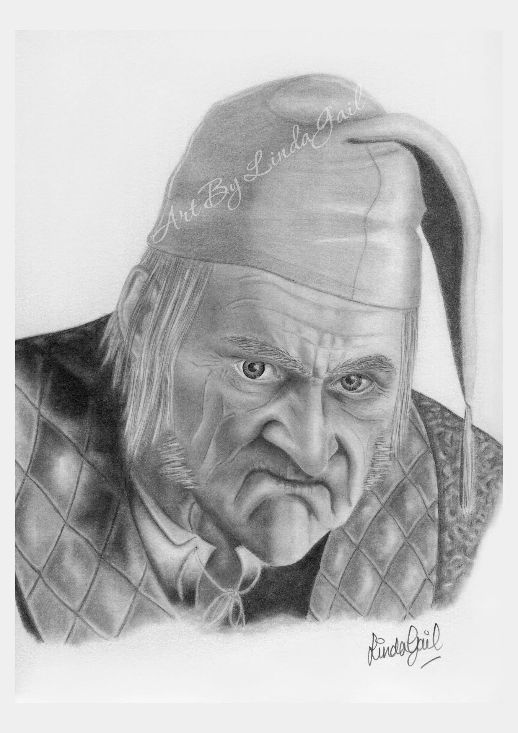 A detailed pencil drawing of an old man with a grumpy expressive face. He is wearing a dressing gown and night cap.  Fan art inspired by Scrooge.