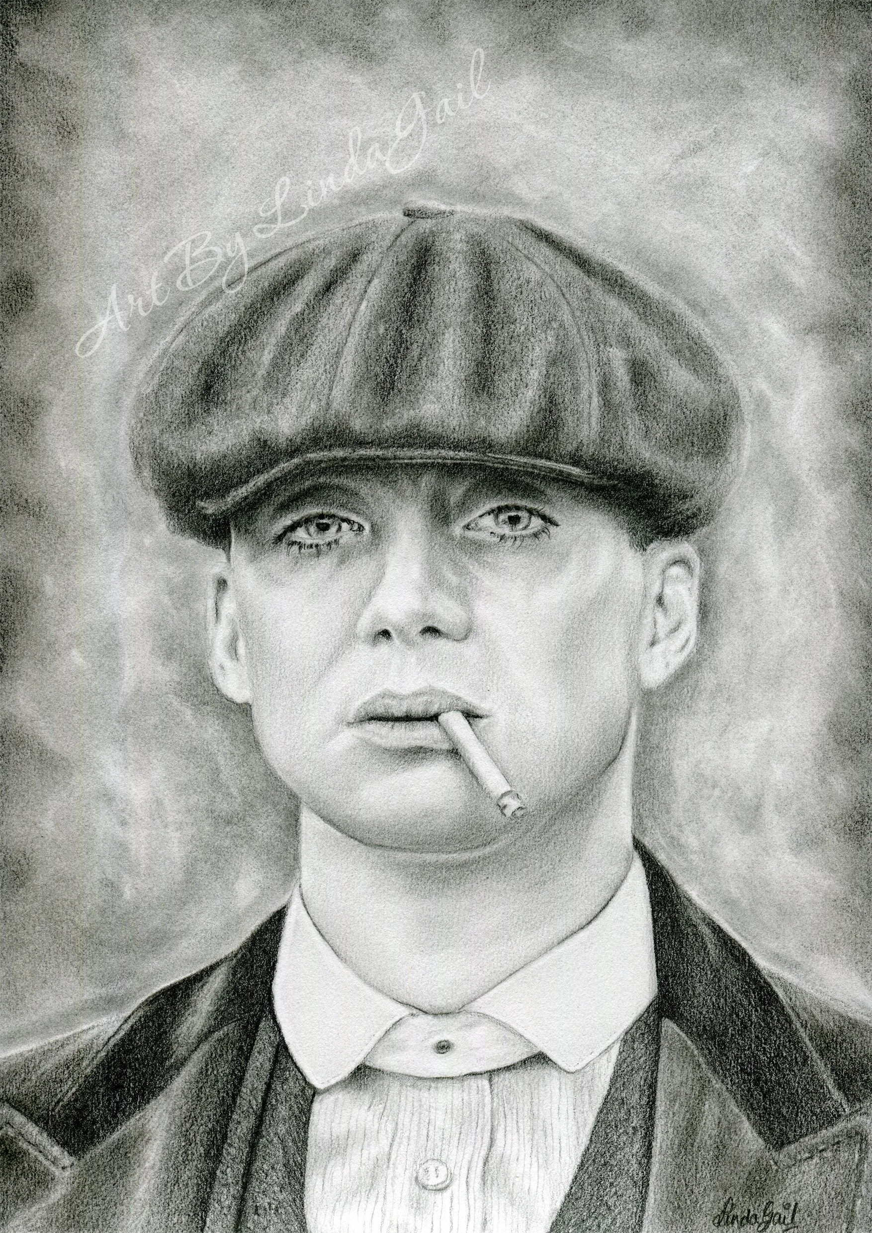 A detailed graphite pencil drawing of Tommy Shelby  wearing a flat cap, a white button-up shirt, and a dark jacket, holding a cigarette. The background is textured shading. Fan art inspired by Peaky Blinders.