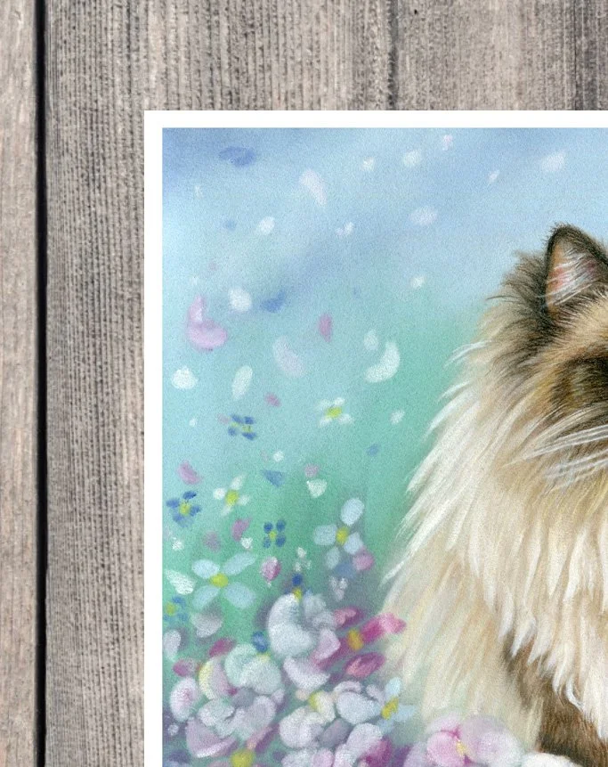 close up corner view of artwork of floral ragdoll cat