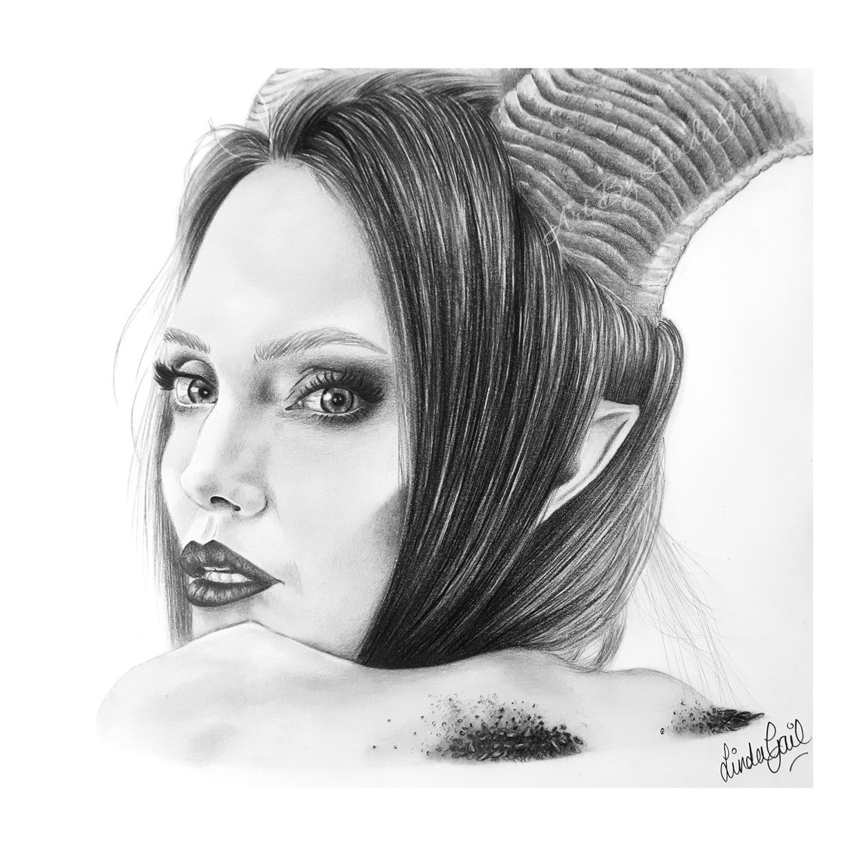 Black and white detailed pencil drawing of a woman with pointed elf-like ears, long straight hair, and large horns. The woman is gazing over her shoulder with expressive eyes and full lips. Fan art inspired by Maleficent.