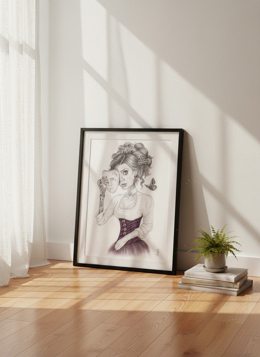 Framed art print drawing of a Victorian woman holding a theatrical mask, she is crying. A butterfly is nearby, placed on the floor next to a small plant and a stack of books, in a sunlit room with hardwood floors and white walls.