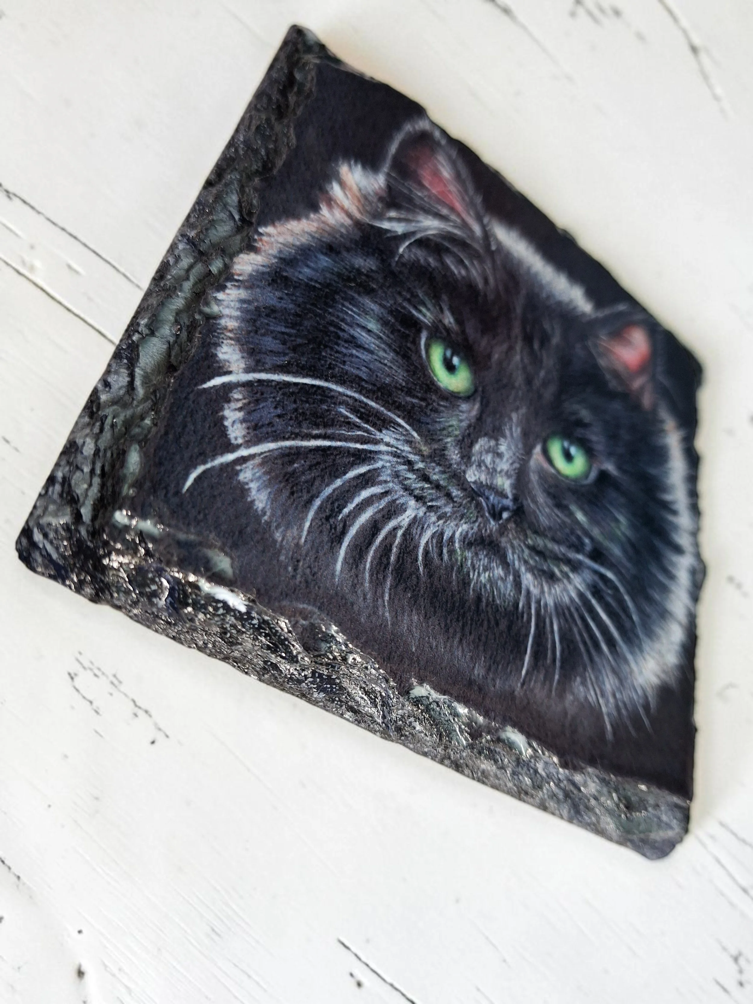 glossy slate coaster flat lay on white washed wooden top, printed on the coaster is a pencil artwork of a fluffy black cat's face with green eyes