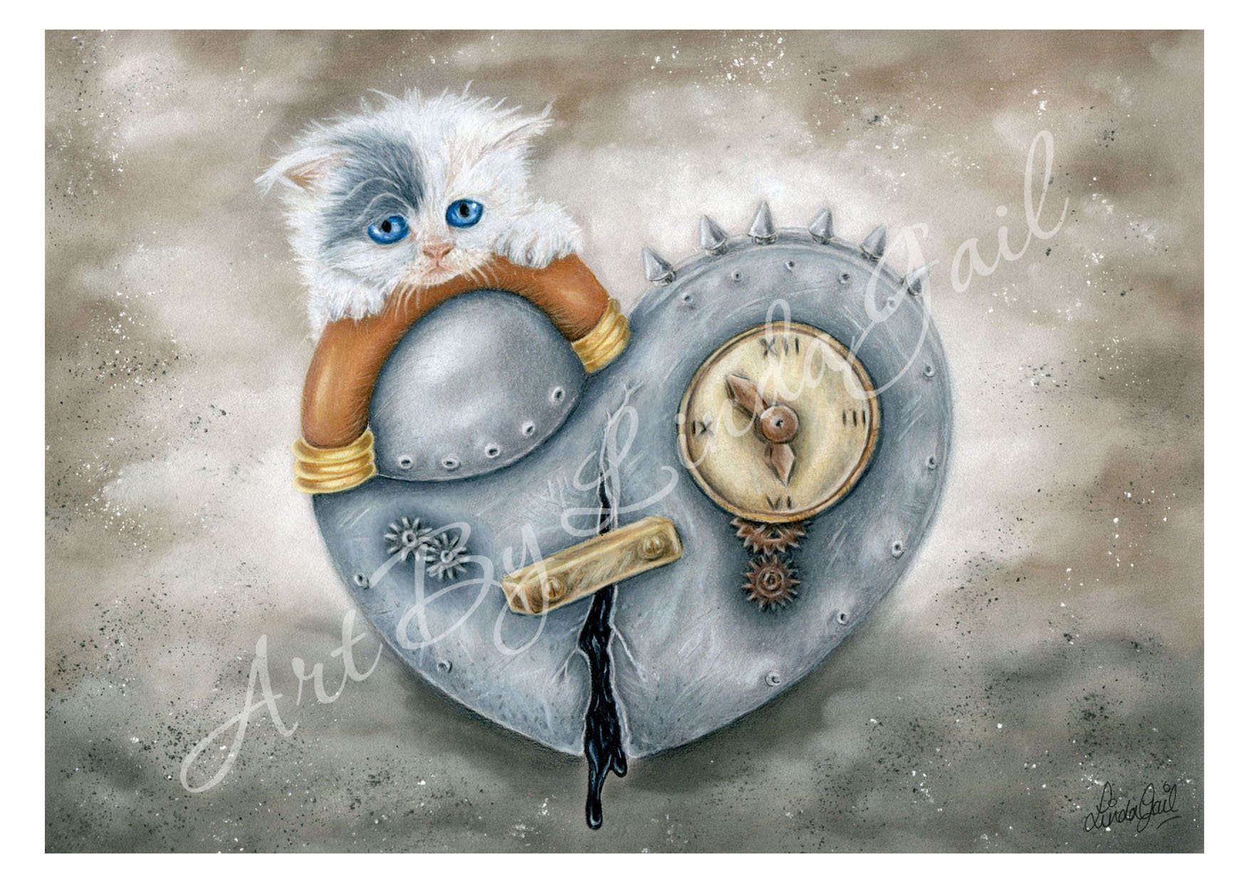 Hand drawn pencil drawing of a fluffy white kitten with blue eyes resting on a vintage steampunk heart with clock and silver details, set against a textured beige background with white speckles.