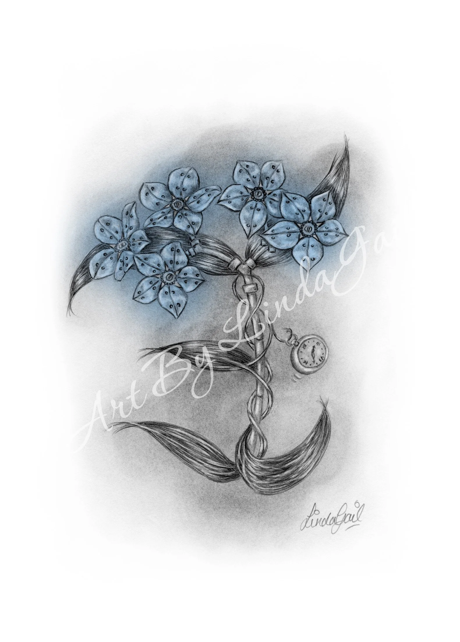 A graphite drawing of a forget me not flowers with blue petals, a pocket watch is attached to the bouquet, with a signature reading 'LindaGail' at the bottom right.  Steampunk mechanical flower art.