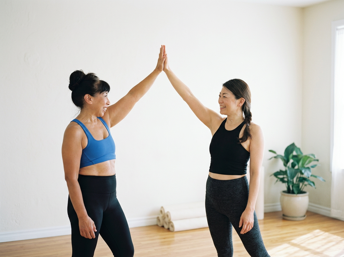 Two women in athletic wear high five each other in a fitness studio.