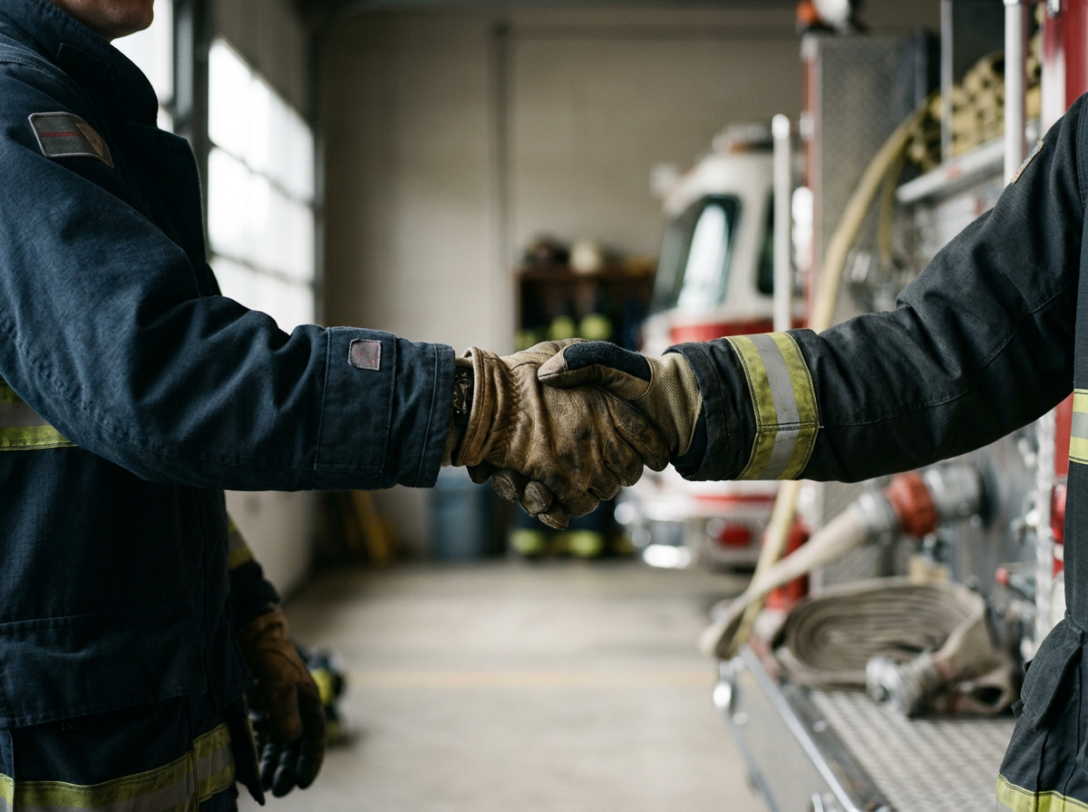 Two firefighters shake hands inside a fire station, with firefighting gear visible in the background.