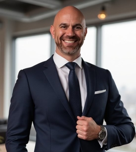 A professionally dressed man smiling in a modern office building with large windows.