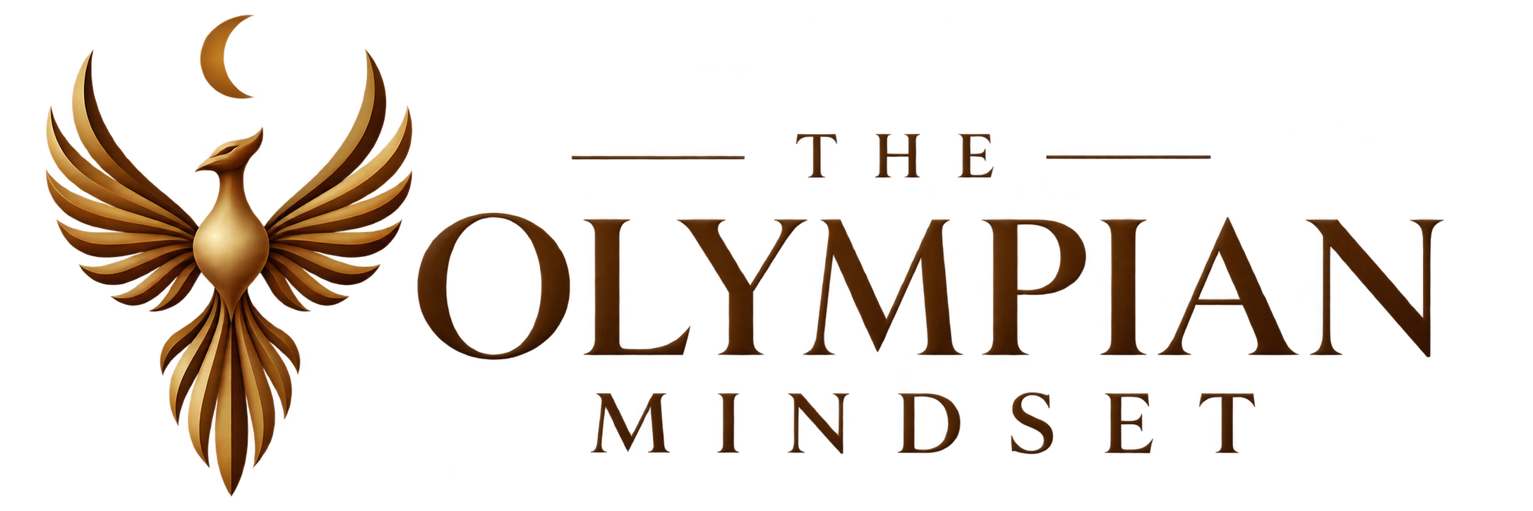 The logo for The Olympian Mindset features a stylized golden phoenix with outstretched wings and a crest, positioned to the left of the text. The text reads 'The Olympian Mindset' in a dark gold or bronze color, with a sleek and modern font. The word 'The' is smaller and placed above 'Olympian,' and 'Mindset' is below in a smaller size.