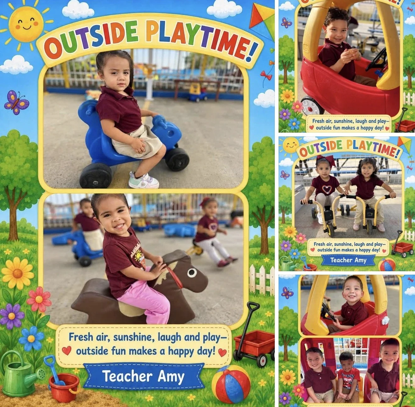 A collage of five children playing outside on a playground with colorful toys and equipment. The background is decorated with cheerful cartoon illustrations of trees, flowers, clouds, and a sun. The main text reads 'OUTSIDE PLAYTIME!' with a joyful, 