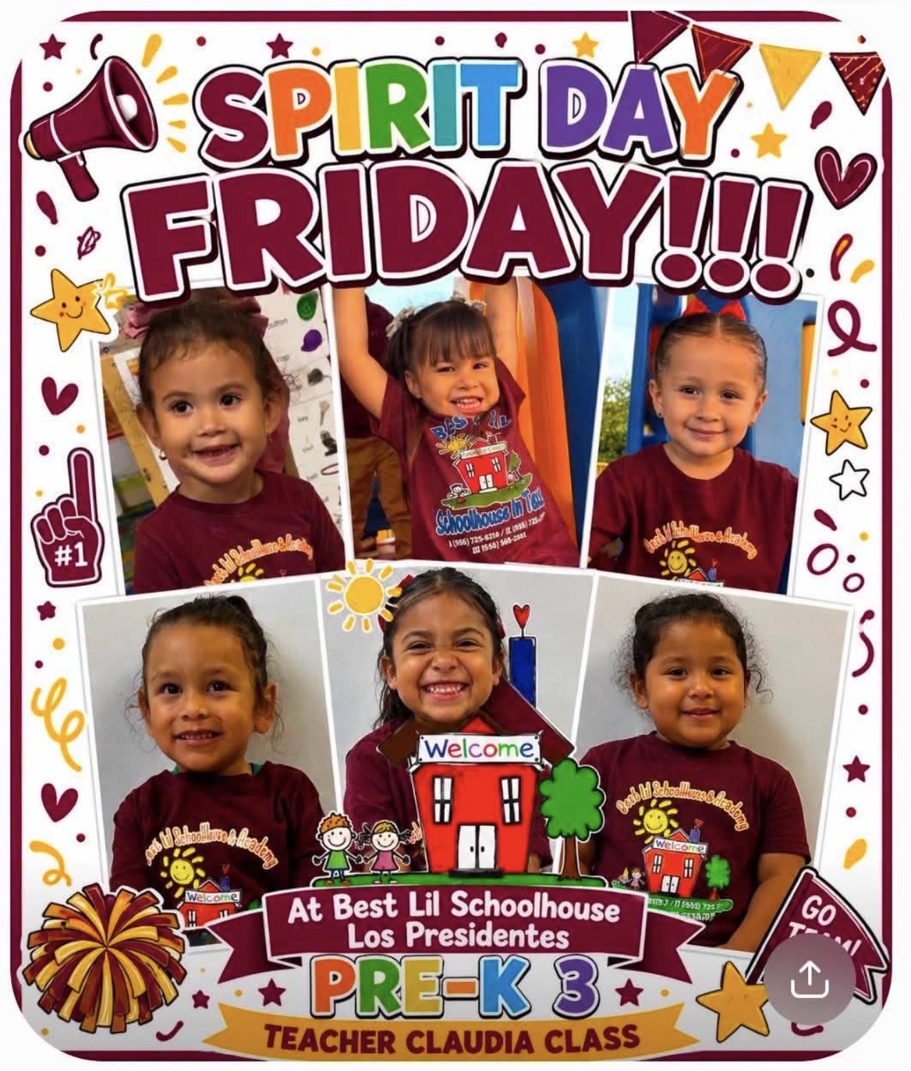 Celebration poster for 'Spirit Day Friday' at a preschool, featuring smiling preschool children in maroon shirts with classroom decorations and colorful text.