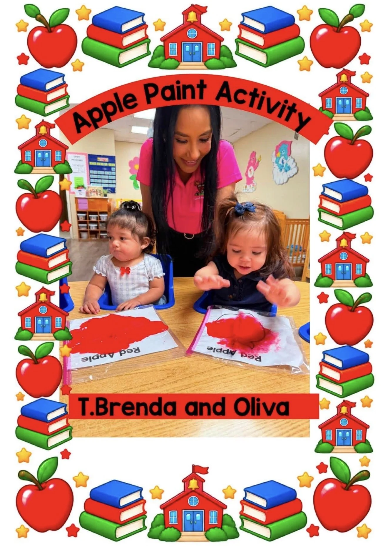 Colorful flyer featuring a classroom scene with a teacher and two young children engaged in a painting activity with red paint. The flyer is decorated with illustrations of apples, books, and schoolhouses along the border, and includes text that read