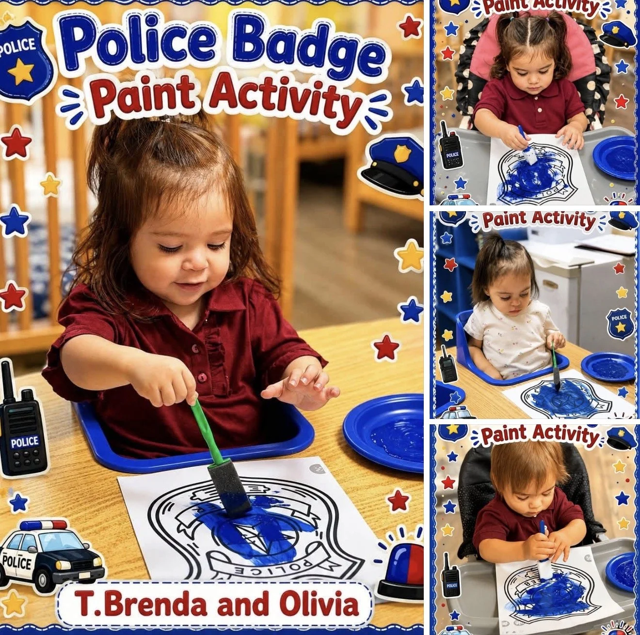 Children participating in a police badge paint activity, sitting at tables with police-themed decorations and supplies, including police badges to color with blue paint.