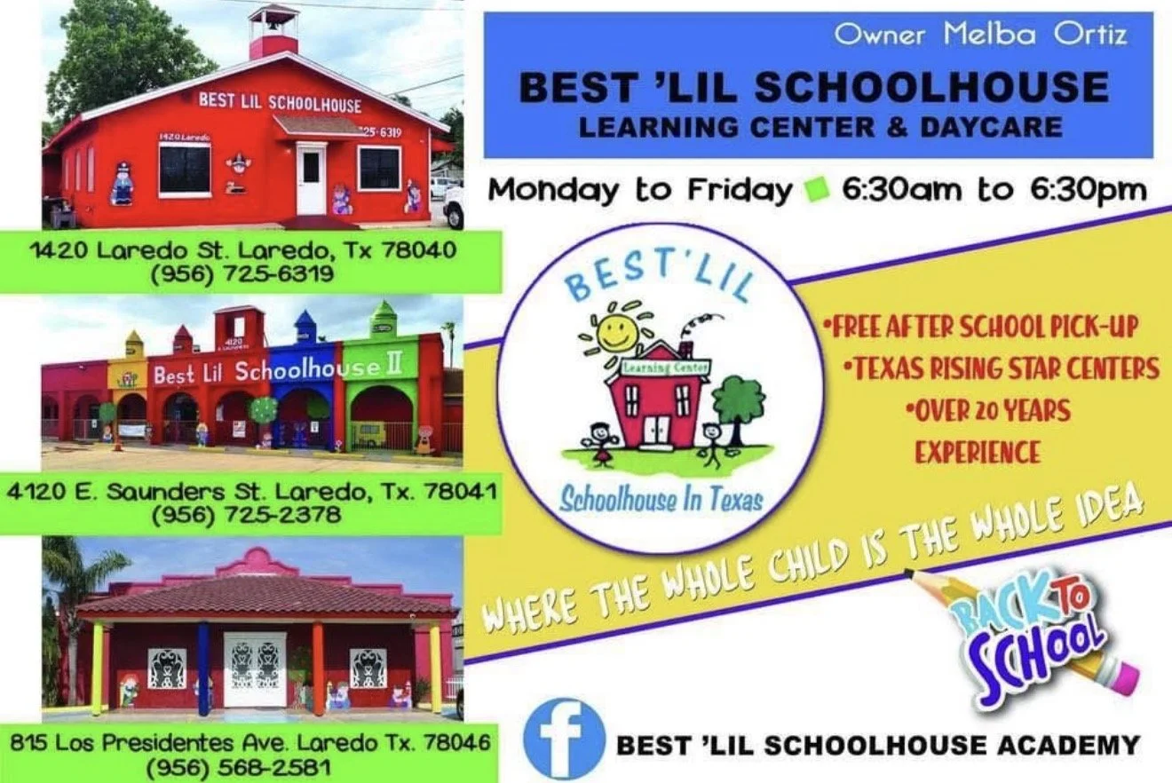 Advertisement for Best Lil Schoolhouse Learning Center & Daycare, featuring images of colorful school buildings, contact information, and a list of features including free after school pick-up, Texas Rising Star Centers, and over 20 years of experience.