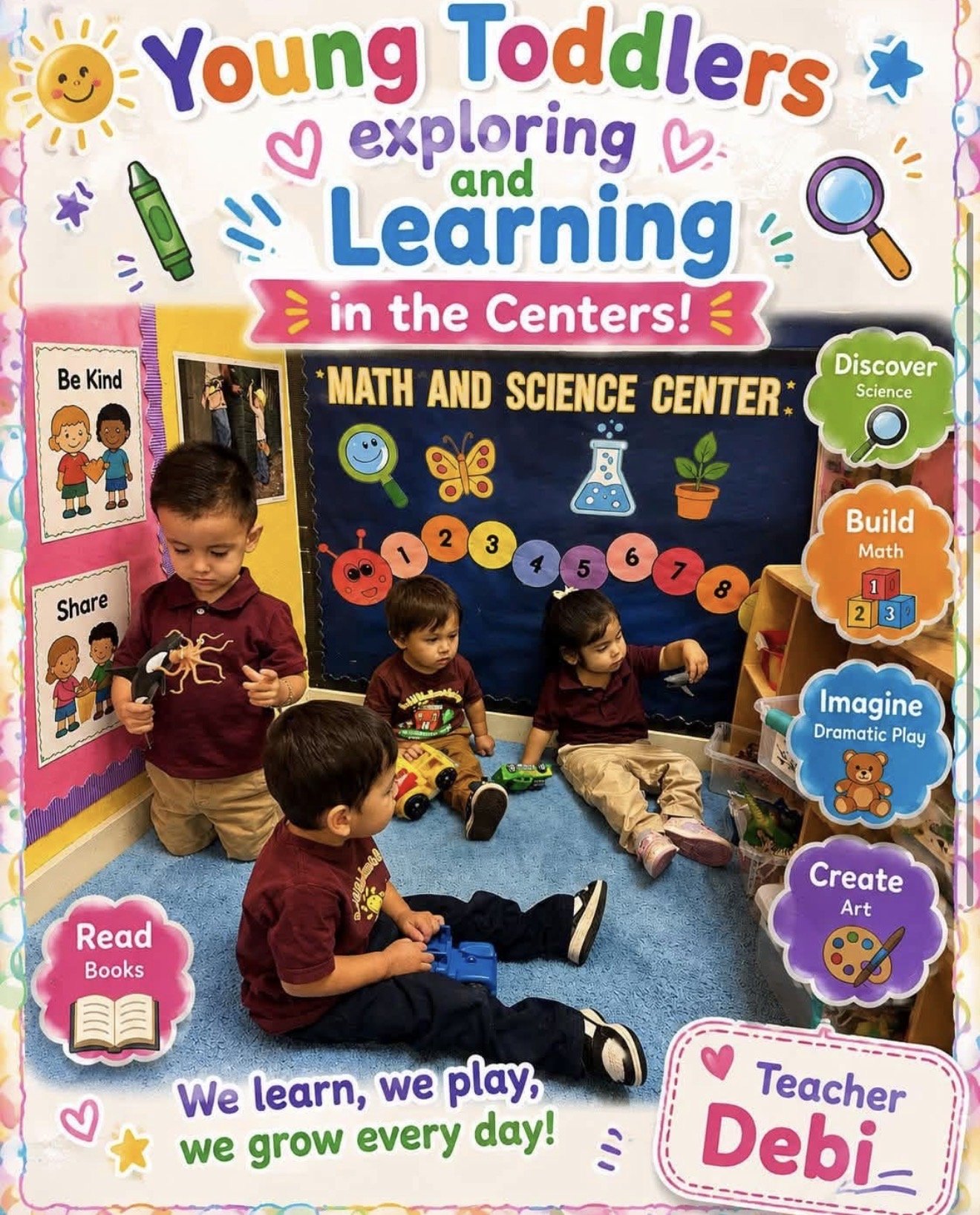 A group of young children sitting on a blue carpet in a colorful classroom corner labeled as 'Math and Science Center.' The background features vibrant educational posters with themes like reading books, exploring science, building math, imagining dr
