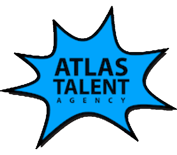 Logo for ATLAS Talent Agency with a blue starburst shape and black text.