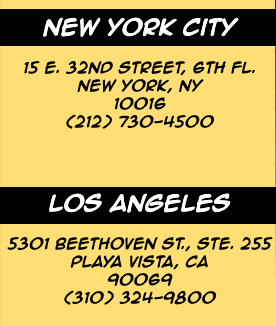 A yellow background with black and white text displaying addresses and phone numbers for New York City and Los Angeles.