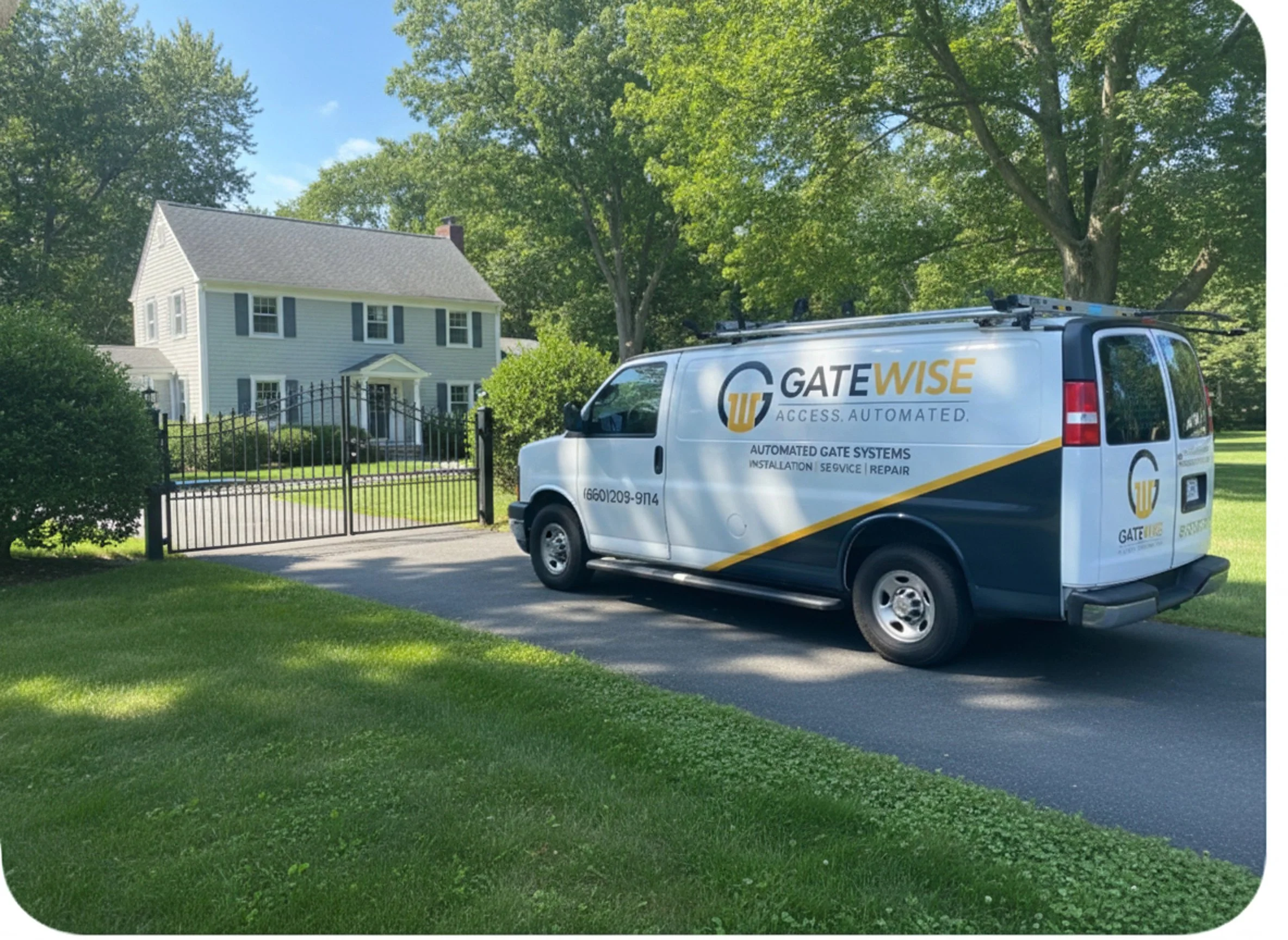 Service van parked at a residential automated gate installation