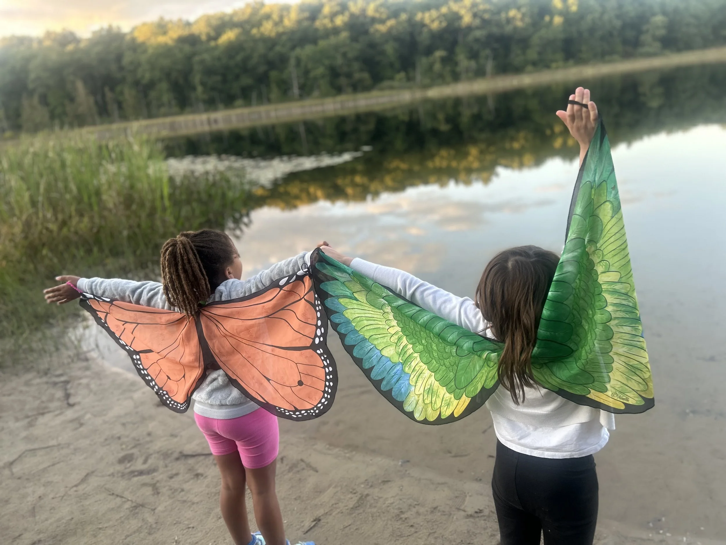 Two children with butterfly wings on their backs are standing near a lake, extending their arms outward and facing the water during sunset or sunrise.