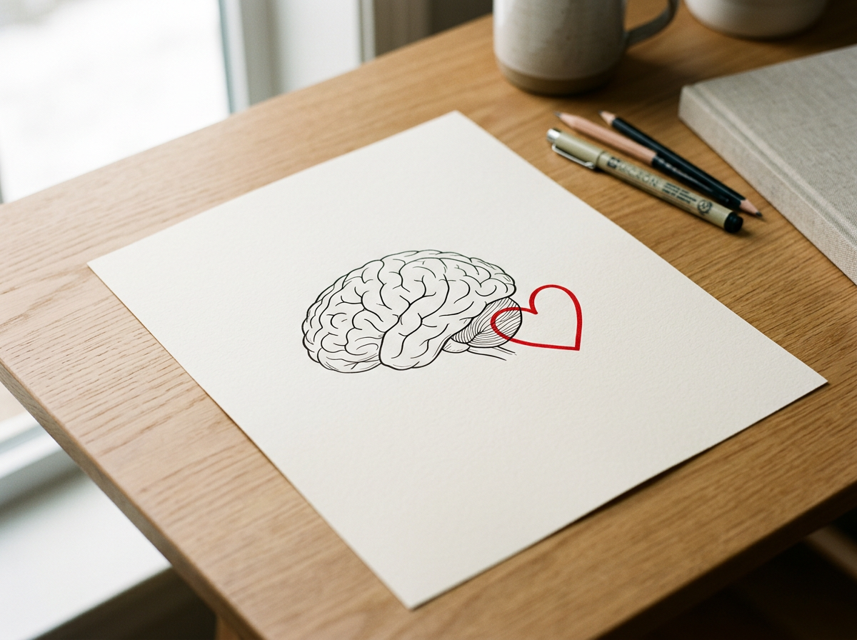 A drawing of a brain with a red heart surrounding a part of it on a white sheet of paper on a wooden desk, with some stationary and notebooks nearby.
