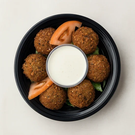 A black plate with eight falafel balls arranged in a circle around a small bowl of white dipping sauce, garnished with tomato slices and lettuce leaves.