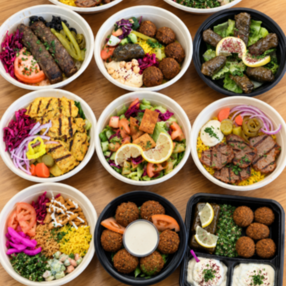 Assorted Middle Eastern dishes in bowls on a wooden table, including kebabs, falafel, stuffed grape leaves, salads, and hummus.