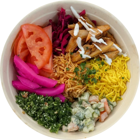 Variety of colorful salad ingredients in a bowl, including tomato slices, pickled onions, shredded yellow rice, lettuce with cucumber and mayonnaise, chopped parsley, chopped chicken with mayonnaise, shredded purple cabbage, and fried chicken strips with white sauce.
