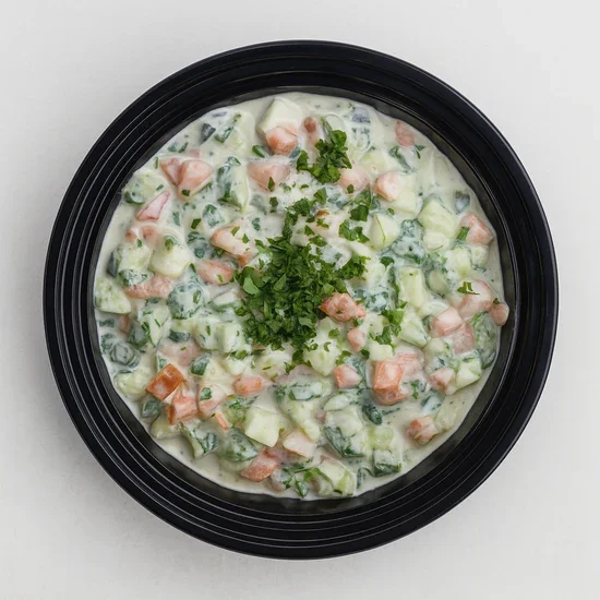Creamy cucumber and smoked salmon salad garnished with fresh herbs in a black bowl.