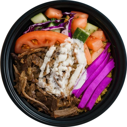 A black bowl filled with shredded beef, rice, sliced tomato, cucumber, purple cabbage, and diced melon.