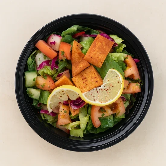 Fresh vegetable salad with lemon slices, crispy tofu chunks, diced cucumbers, tomatoes, and mixed greens in a black bowl.