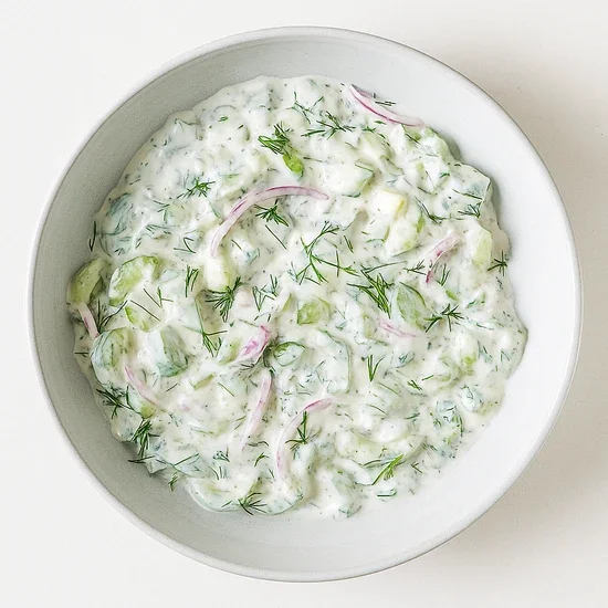 Bowl of cucumber and onion salad with dill and creamy dressing