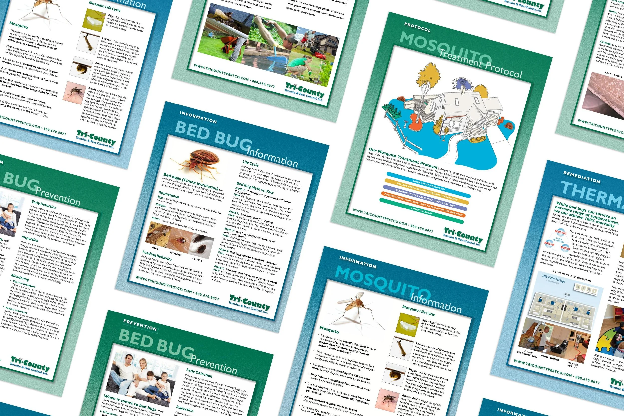 Collection of informational posters about mosquito life cycle, mosquito treatment protocols, bed bug information and prevention, and thermal remediation, from Tri-County Pest Control.